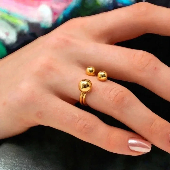 🆕️18K Gold Plated Adjustable Triple Beads Stainless Steel Statement Ring Sz 6 - Picture 3 of 13